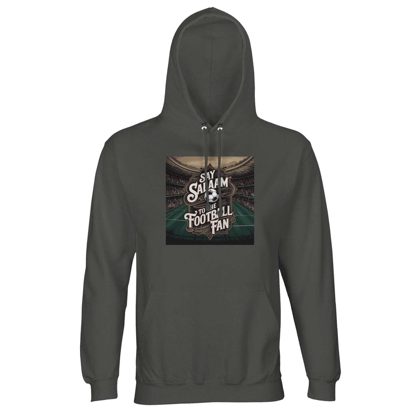 Say Salaam to the Football Fan Design #10 Part-Recycled Unisex Cotton-Poly Hoodie – Charcoal Melange / Graphite Grey with a detailed stadium backdrop and bold soccer crest. Crafted for vintage England football followers and classic club supporters who love their kitbags full of terrace nostalgia. Not the designer hoodie — this modest, eco-friendly brushed-fleece delivers unisex comfort for retro Premier League highlights. A soft layer that bridges old-school pride and modern sustainable flair.