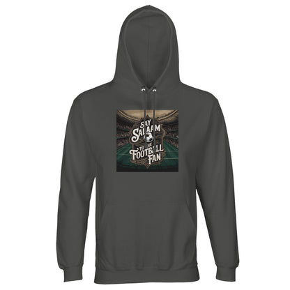 Say Salaam to the Football Fan Design #10 Part-Recycled Unisex Cotton-Poly Hoodie – Charcoal Melange / Graphite Grey with a detailed stadium backdrop and bold soccer crest. Crafted for vintage England football followers and classic club supporters who love their kitbags full of terrace nostalgia. Not the designer hoodie — this modest, eco-friendly brushed-fleece delivers unisex comfort for retro Premier League highlights. A soft layer that bridges old-school pride and modern sustainable flair.