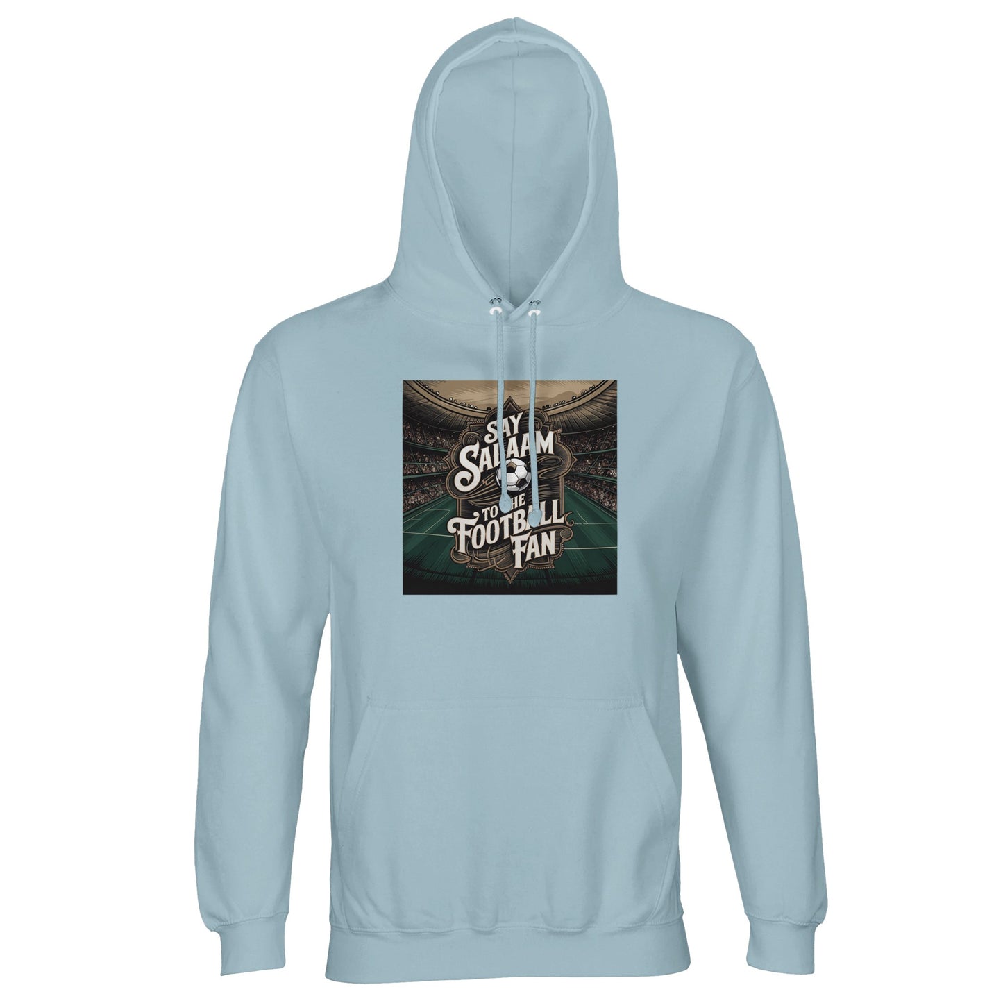 Say Salaam to the Football Fan Design #10 Part-Recycled Unisex Cotton-Poly Hoodie – Creamy Blue / Blue-Grey with soft stadium-flare detail behind clear football text. A modest unisex brushed-fleece football fan hoodie for supporters searching for club merch, football gifts, new soccer clothing and the best fanwear price. Fans check fixtures, scores, tables, goals and highlight clips. Not the replica kit — this warm hoodie suits stadium days, ticket matches, five-a-side and football culture everywhere.