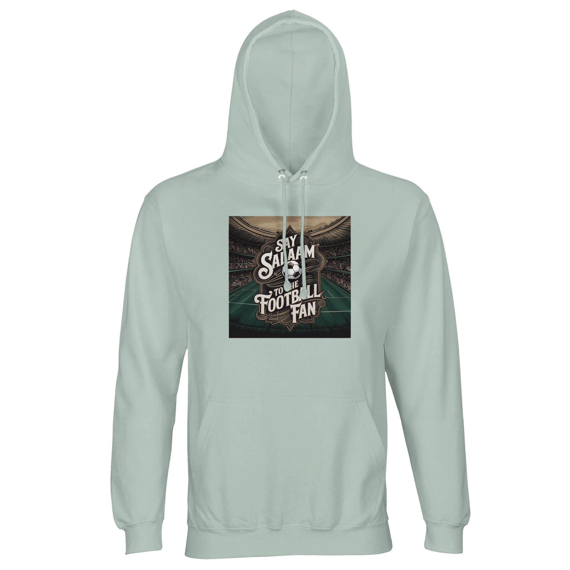 Say Salaam to the Football Fan Design #10 Part-Recycled Unisex Cotton-Poly Hoodie – Creamy Green / Greenish Grey with stadium-beam lighting behind bold football text. A modest unisex brushed-fleece soccer hoodie for fans searching for Premier League merch, football gifts, team clothing and the best price on new football gear. Supporters follow fixtures, goals, tables, highlight videos and club updates. Not the replica kit — this warm football hoodie suits stadium trips, kickabouts and everyday fan culture.
