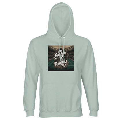 Say Salaam to the Football Fan Design #10 Part-Recycled Unisex Cotton-Poly Hoodie – Creamy Green / Greenish Grey with stadium-beam lighting behind bold football text. A modest unisex brushed-fleece soccer hoodie for fans searching for Premier League merch, football gifts, team clothing and the best price on new football gear. Supporters follow fixtures, goals, tables, highlight videos and club updates. Not the replica kit — this warm football hoodie suits stadium trips, kickabouts and everyday fan culture.