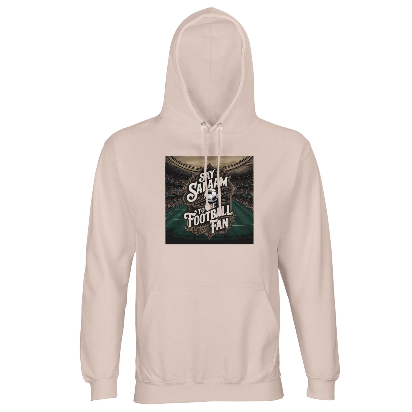 Say Salaam to the Football Fan Design #10 Part-Recycled Unisex Cotton-Poly Hoodie – Creamy Pink / Oyster Pink with bright stadium-light detail and strong football text. A modest unisex brushed-fleece football fan hoodie for supporters searching for Premier League merch, soccer gifts, new football clothing and the best price. Fans follow fixtures, goals, highlight reels, scores and club news. Not the replica kit — this warm top suits stadium visits, ticket queues, kickabouts and everyday football culture.