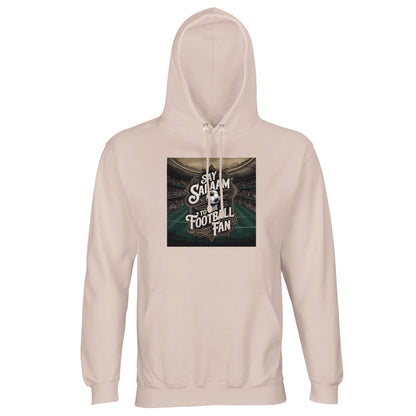 Say Salaam to the Football Fan Design #10 Part-Recycled Unisex Cotton-Poly Hoodie – Creamy Pink / Oyster Pink with bright stadium-light detail and strong football text. A modest unisex brushed-fleece football fan hoodie for supporters searching for Premier League merch, soccer gifts, new football clothing and the best price. Fans follow fixtures, goals, highlight reels, scores and club news. Not the replica kit — this warm top suits stadium visits, ticket queues, kickabouts and everyday football culture.