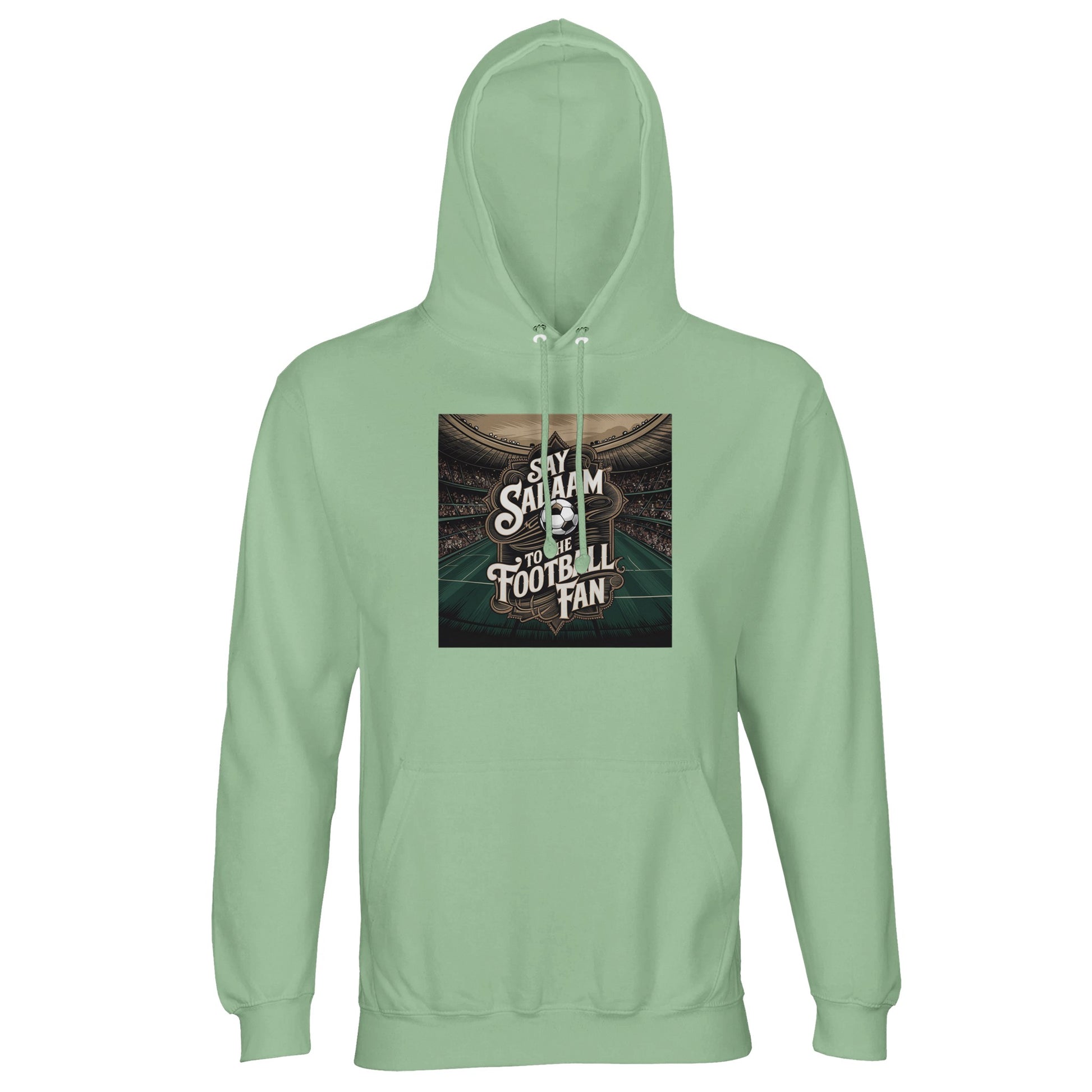 Say Salaam to the Football Fan Design #10 Part-Recycled Unisex Cotton-Poly Hoodie – Frozen Green / Opal with match-light artwork framing clean football text. A modest unisex brushed-fleece soccer hoodie for fans searching for Premier League hoodies, football gifts, team clothing and the best price on fanwear. Supporters track fixtures, goals, highlight clips, tables and club updates. Not the replica kit — this warm hoodie suits stadium matches, ticket nights, five-a-side and football culture every day.