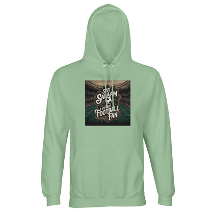 Say Salaam to the Football Fan Design #10 Part-Recycled Unisex Cotton-Poly Hoodie – Frozen Green / Opal with match-light artwork framing clean football text. A modest unisex brushed-fleece soccer hoodie for fans searching for Premier League hoodies, football gifts, team clothing and the best price on fanwear. Supporters track fixtures, goals, highlight clips, tables and club updates. Not the replica kit — this warm hoodie suits stadium matches, ticket nights, five-a-side and football culture every day.