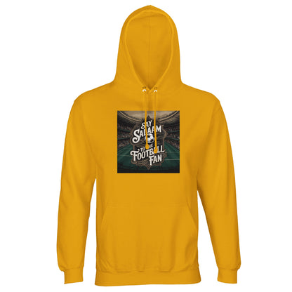 Say Salaam to the Football Fan Design #10 Part-Recycled Unisex Cotton-Poly Hoodie – Gold / Gamboge with bright match-flare lighting behind clean football text. A modest unisex brushed-fleece soccer hoodie for supporters searching for Premier League merch, football gifts, new team clothing and the best price on supporter gear. Keep up with fixtures, scores, tables, highlight clips and club news. Not the replica kit — this warm hoodie fits five-a-side, stadium trips with tickets, and football lifestyles.