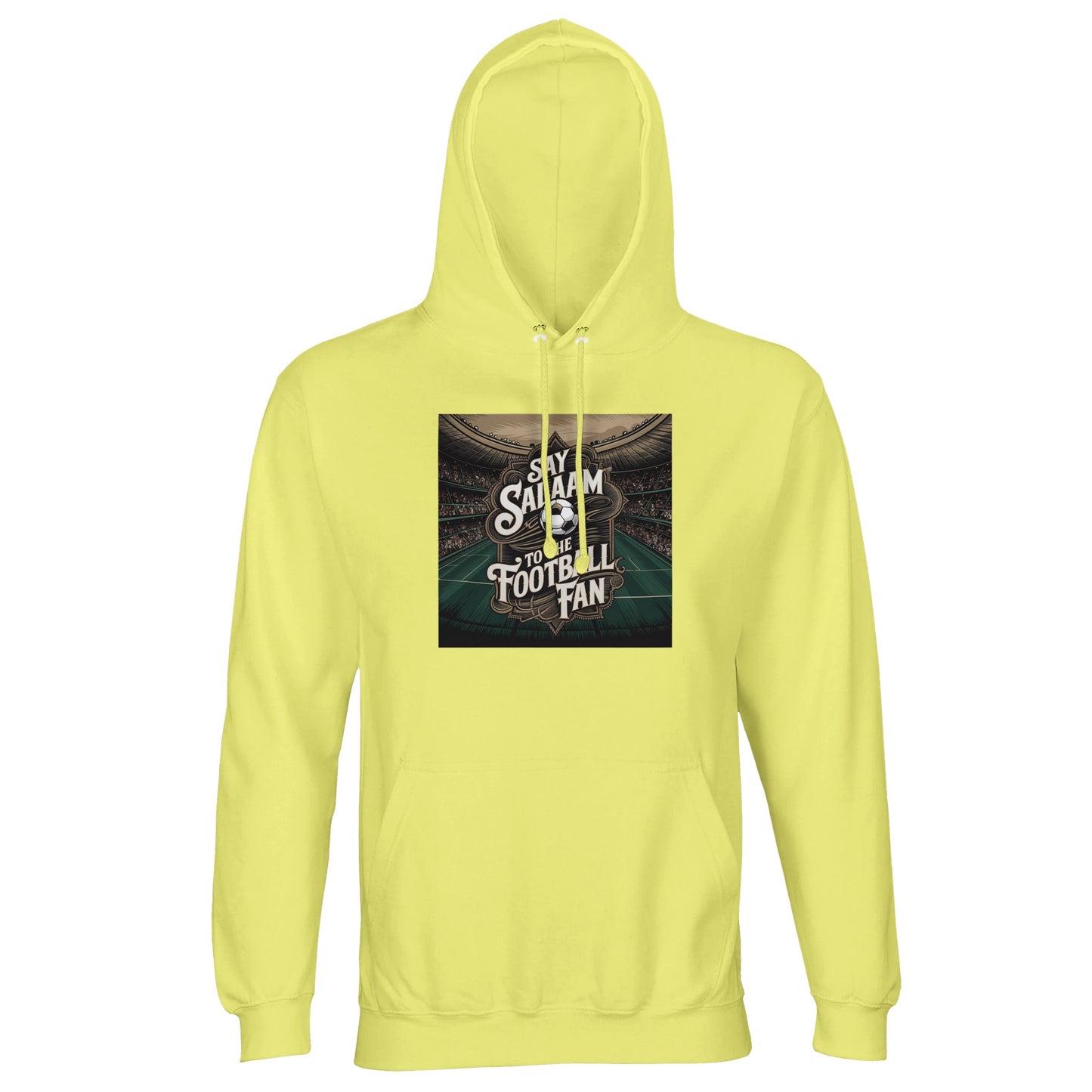 Say Salaam to the Football Fan Design #10 Part-Recycled Unisex Cotton-Poly Hoodie – Light Yellow / Lemon Chiffon with stadium glow behind bold football text. A modest unisex brushed-fleece football fan hoodie for supporters searching for Premier League merch, soccer gifts, new club clothing and the best fanwear price. Fans check fixtures, scores, tables, goals and highlight videos daily. Not the replica kit — this warm layer suits stadium days, ticket queues, kickabouts and everyday football culture.