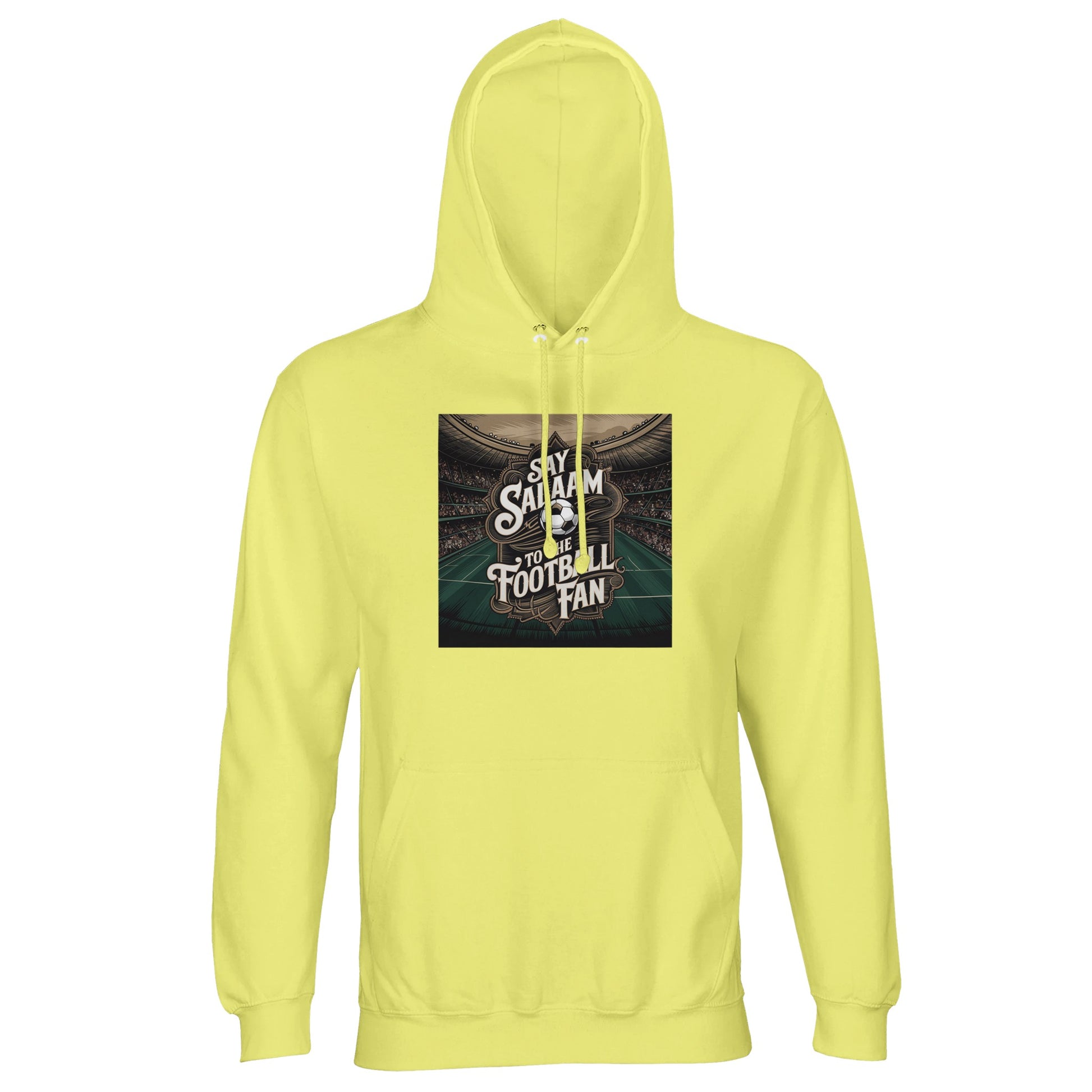 Say Salaam to the Football Fan Design #10 Part-Recycled Unisex Cotton-Poly Hoodie – Light Yellow / Lemon Chiffon with stadium glow behind bold football text. A modest unisex brushed-fleece football fan hoodie for supporters searching for Premier League merch, soccer gifts, new club clothing and the best fanwear price. Fans check fixtures, scores, tables, goals and highlight videos daily. Not the replica kit — this warm layer suits stadium days, ticket queues, kickabouts and everyday football culture.