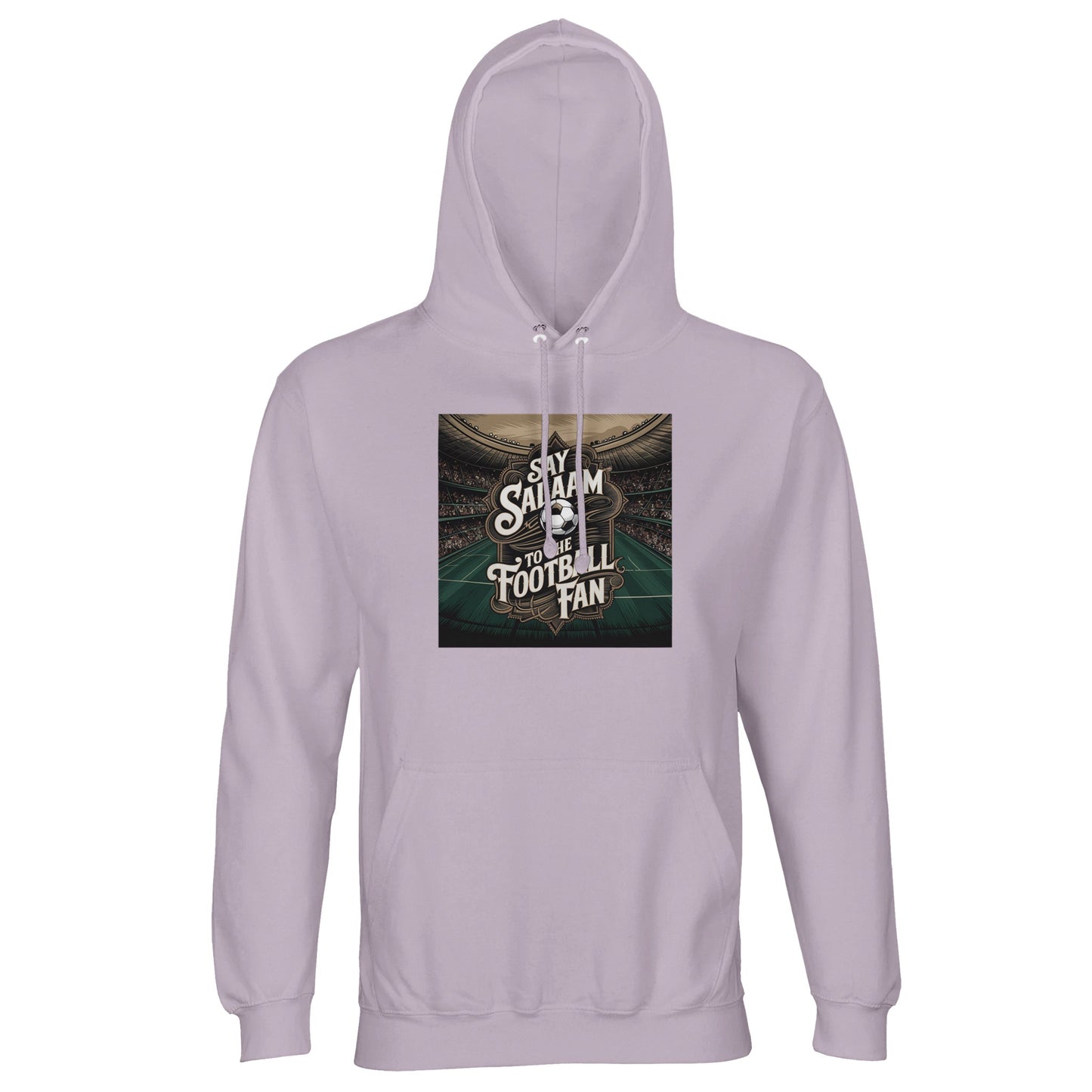 Say Salaam to the Football Fan Design #10 Part-Recycled Unisex Cotton-Poly Hoodie – Lilak / Wisteria Purple with stadium-beam lighting behind bold football text. A modest unisex brushed-fleece football fan hoodie for supporters of footie, Premier League merch, football gifts, new soccer clothing and the best price. Fans follow fixtures, tables, goals, highlight clips and club news. Not the replica kit — this warm layer suits stadium days, ticket queues, five-a-side and football-focused daily wear.