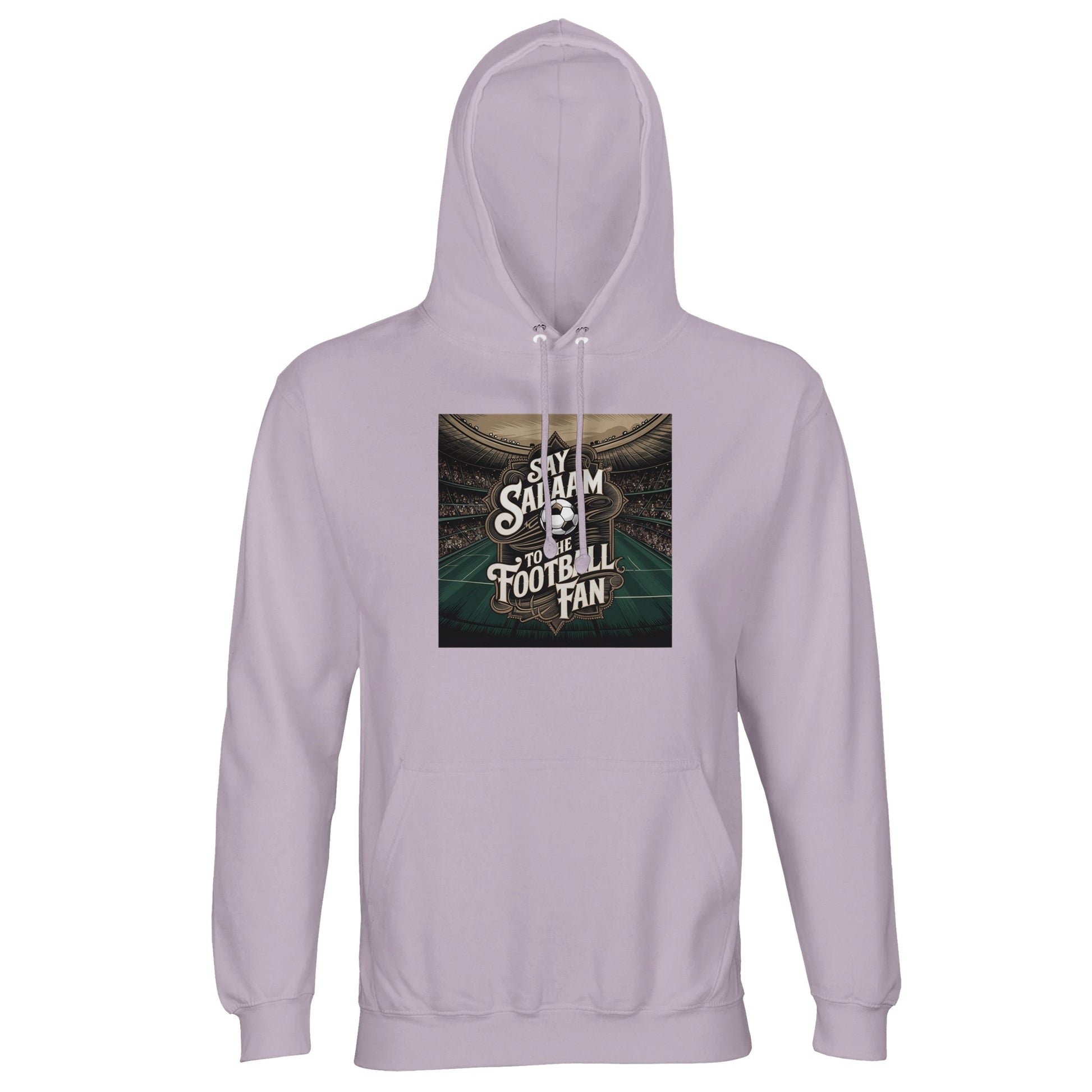 Say Salaam to the Football Fan Design #10 Part-Recycled Unisex Cotton-Poly Hoodie – Lilak / Wisteria Purple with stadium-beam lighting behind bold football text. A modest unisex brushed-fleece football fan hoodie for supporters of footie, Premier League merch, football gifts, new soccer clothing and the best price. Fans follow fixtures, tables, goals, highlight clips and club news. Not the replica kit — this warm layer suits stadium days, ticket queues, five-a-side and football-focused daily wear.