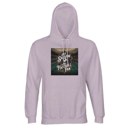 Say Salaam to the Football Fan Design #10 Part-Recycled Unisex Cotton-Poly Hoodie – Lilak / Wisteria Purple with stadium-beam lighting behind bold football text. A modest unisex brushed-fleece football fan hoodie for supporters of footie, Premier League merch, football gifts, new soccer clothing and the best price. Fans follow fixtures, tables, goals, highlight clips and club news. Not the replica kit — this warm layer suits stadium days, ticket queues, five-a-side and football-focused daily wear.