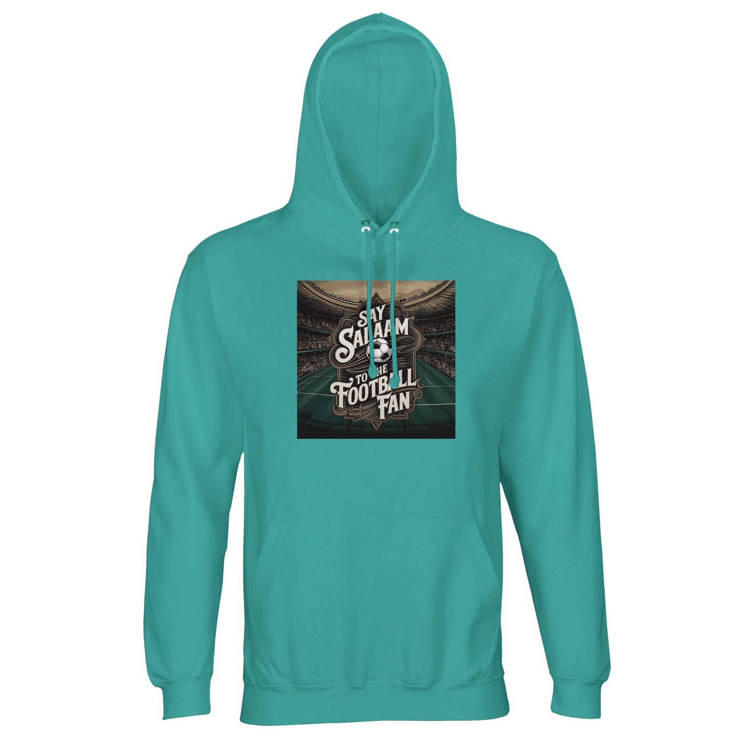 Say Salaam to the Football Fan Design #10 Part-Recycled Unisex Cotton-Poly Hoodie – Pool Blue / Light Sea Green with match-flare artwork around bold football text. A modest unisex brushed-fleece football fan hoodie for supporters buying EPL merch, club gifts, new football clothing and the best price on soccer fanwear. Fans track fixtures, scores, highlight reels, goals and team updates. Not the replica kit — this warm hoodie suits stadium trips, ticket events, five-a-side and everyday football culture.