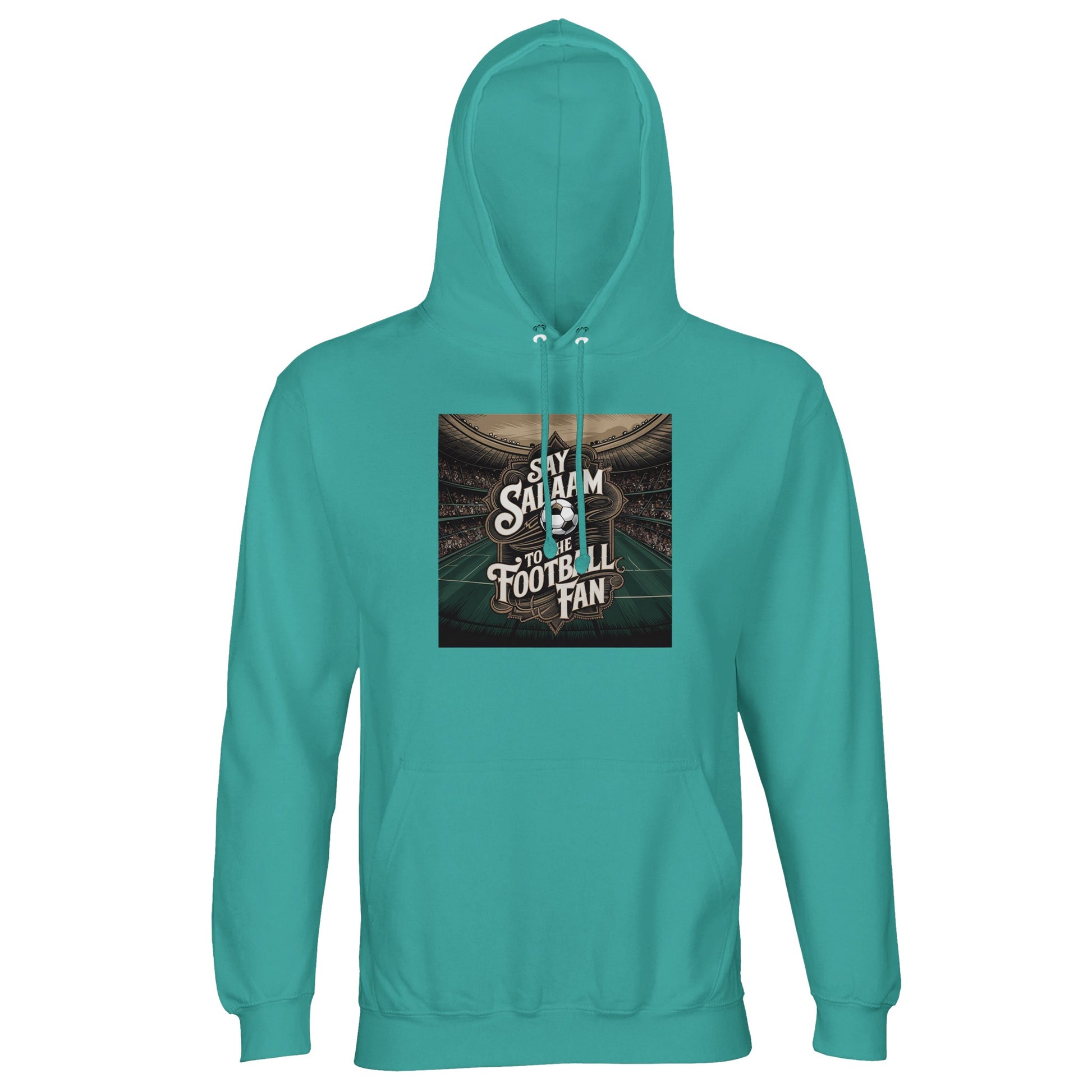 Say Salaam to the Football Fan Design #10 Part-Recycled Unisex Cotton-Poly Hoodie – Pool Blue / Light Sea Green with match-flare artwork around bold football text. A modest unisex brushed-fleece football fan hoodie for supporters buying EPL merch, club gifts, new football clothing and the best price on soccer fanwear. Fans track fixtures, scores, highlight reels, goals and team updates. Not the replica kit — this warm hoodie suits stadium trips, ticket events, five-a-side and everyday football culture.