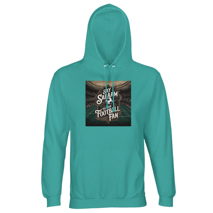 Say Salaam to the Football Fan Design #10 Part-Recycled Unisex Cotton-Poly Hoodie – Pool Blue / Light Sea Green with match-flare artwork around bold football text. A modest unisex brushed-fleece football fan hoodie for supporters buying EPL merch, club gifts, new football clothing and the best price on soccer fanwear. Fans track fixtures, scores, highlight reels, goals and team updates. Not the replica kit — this warm hoodie suits stadium trips, ticket events, five-a-side and everyday football culture.