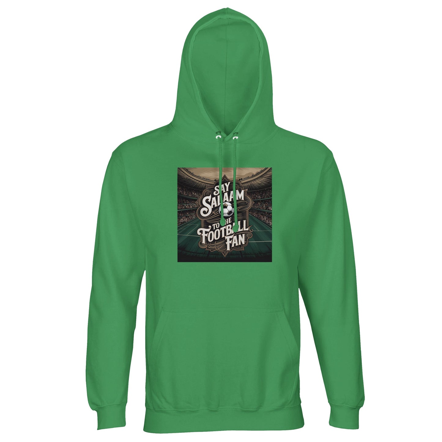 Say Salaam to the Football Fan Design #10 Part-Recycled Unisex Cotton-Poly Hoodie – Spring Green / Sea Green with a hand-drawn stadium illustration and classic soccer crest. Built for vintage England supporters and retro Premier League collectors who keep old match tickets in their kitbag. Not the Nike or Adidas replica – this eco-friendly brushed-fleece hoodie is modest, unisex and full of nostalgia. A soft terrace staple for real fans who love classic goals, stoppage-time drama and Saturday floodlights.