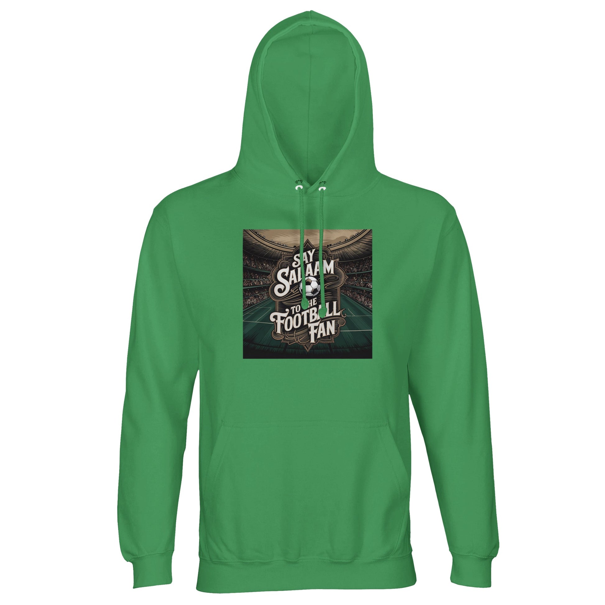 Say Salaam to the Football Fan Design #10 Part-Recycled Unisex Cotton-Poly Hoodie – Spring Green / Sea Green with a hand-drawn stadium illustration and classic soccer crest. Built for vintage England supporters and retro Premier League collectors who keep old match tickets in their kitbag. Not the Nike or Adidas replica – this eco-friendly brushed-fleece hoodie is modest, unisex and full of nostalgia. A soft terrace staple for real fans who love classic goals, stoppage-time drama and Saturday floodlights.