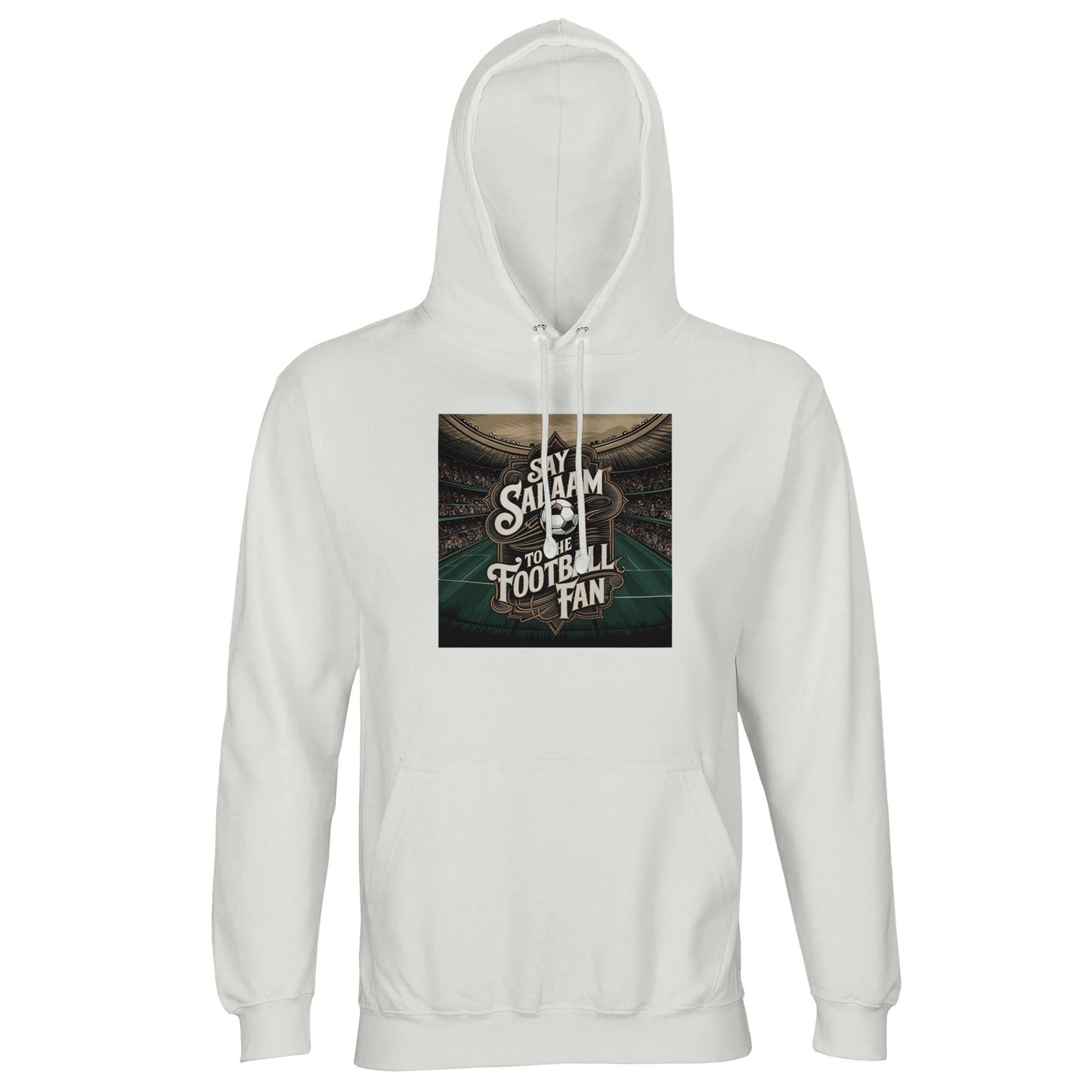 Say Salaam to the Football Fan Design #10 Part-Recycled Unisex Cotton-Poly Hoodie – White / Platinum with bright stadium beams and centred football text. A modest unisex brushed-fleece football fan hoodie for supporters searching for Premier League merch, football gifts, new team clothing and the best price. Fans follow fixtures, scores, highlight clips, tables and club updates. Not the replica kit — this warm soccer hoodie suits five-a-side, stadium visits, ticket matches and all-round football identity.