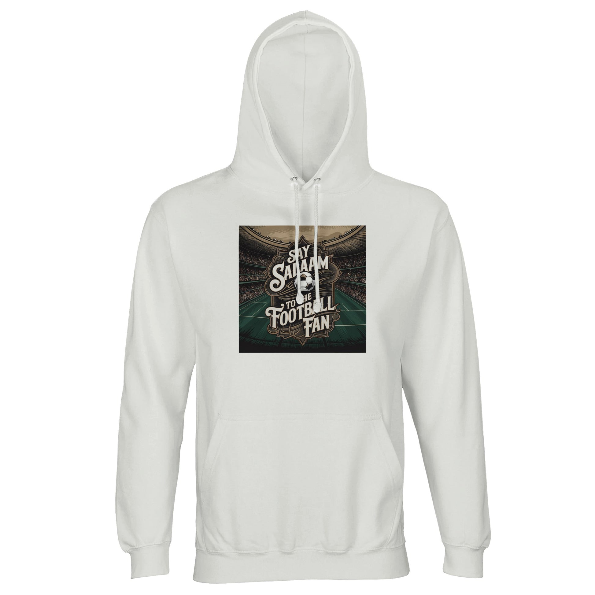 Say Salaam to the Football Fan Design #10 Part-Recycled Unisex Cotton-Poly Hoodie – White / Platinum with bright stadium beams and centred football text. A modest unisex brushed-fleece football fan hoodie for supporters searching for Premier League merch, football gifts, new team clothing and the best price. Fans follow fixtures, scores, highlight clips, tables and club updates. Not the replica kit — this warm soccer hoodie suits five-a-side, stadium visits, ticket matches and all-round football identity.