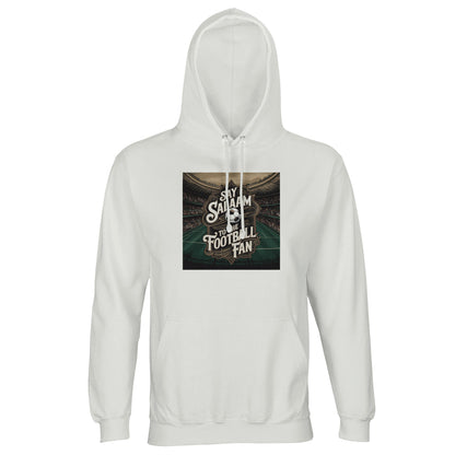 Say Salaam to the Football Fan Design #10 Part-Recycled Unisex Cotton-Poly Hoodie – White / Platinum with bright stadium beams and centred football text. A modest unisex brushed-fleece football fan hoodie for supporters searching for Premier League merch, football gifts, new team clothing and the best price. Fans follow fixtures, scores, highlight clips, tables and club updates. Not the replica kit — this warm soccer hoodie suits five-a-side, stadium visits, ticket matches and all-round football identity.