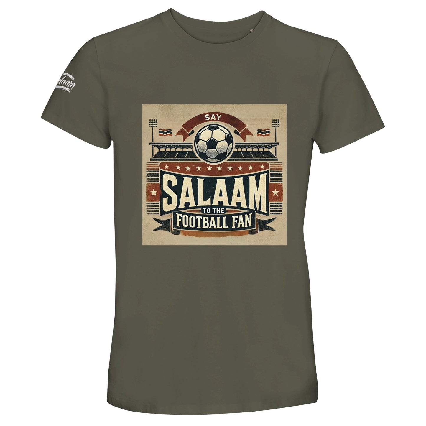 Say Salaam to the Football Fan Design #11 50% Recycled Unisex Cotton T-Shirt – Army / Fuscous Grey featuring vintage matchday artwork in muted tan, black, and red tones with a stadium scene, bold ‘Salaam’ lettering, flags, and a matchball. A retro-style tee for supporters who follow VAR calls, wonder goals, club transfers, and match highlights. Graphic football fan t-shirt, modest sportswear, sustainable crewneck for Premier League, Champions League, or Saudi Pro League match lovers.