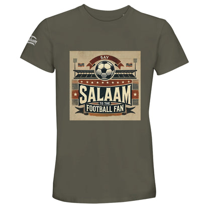 Say Salaam to the Football Fan Design #11 50% Recycled Unisex Cotton T-Shirt – Army / Fuscous Grey featuring vintage matchday artwork in muted tan, black, and red tones with a stadium scene, bold ‘Salaam’ lettering, flags, and a matchball. A retro-style tee for supporters who follow VAR calls, wonder goals, club transfers, and match highlights. Graphic football fan t-shirt, modest sportswear, sustainable crewneck for Premier League, Champions League, or Saudi Pro League match lovers.