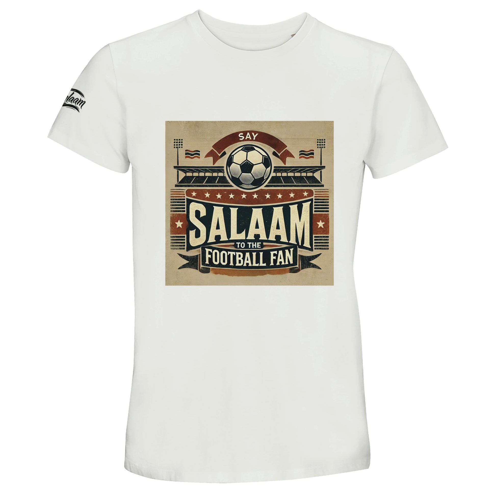 Say Salaam to the Football Fan Design #11 50% Recycled Unisex Cotton T-Shirt – White / Platinum featuring vintage matchday artwork in muted tan, black, and red tones with a stadium scene, bold ‘Salaam’ lettering, flags, and a matchball. A lightweight tee for matchday streamers and fans of goals, VAR debates, Champions League knockouts, and Saudi League transfers. Football fan streetwear, summer-ready top, sustainable sports fashion and graphic menswear for club supporters of all leagues.