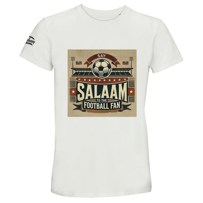 Say Salaam to the Football Fan Design #11 50% Recycled Unisex Cotton T-Shirt – White / Platinum featuring vintage matchday artwork in muted tan, black, and red tones with a stadium scene, bold ‘Salaam’ lettering, flags, and a matchball. A lightweight tee for matchday streamers and fans of goals, VAR debates, Champions League knockouts, and Saudi League transfers. Football fan streetwear, summer-ready top, sustainable sports fashion and graphic menswear for club supporters of all leagues.