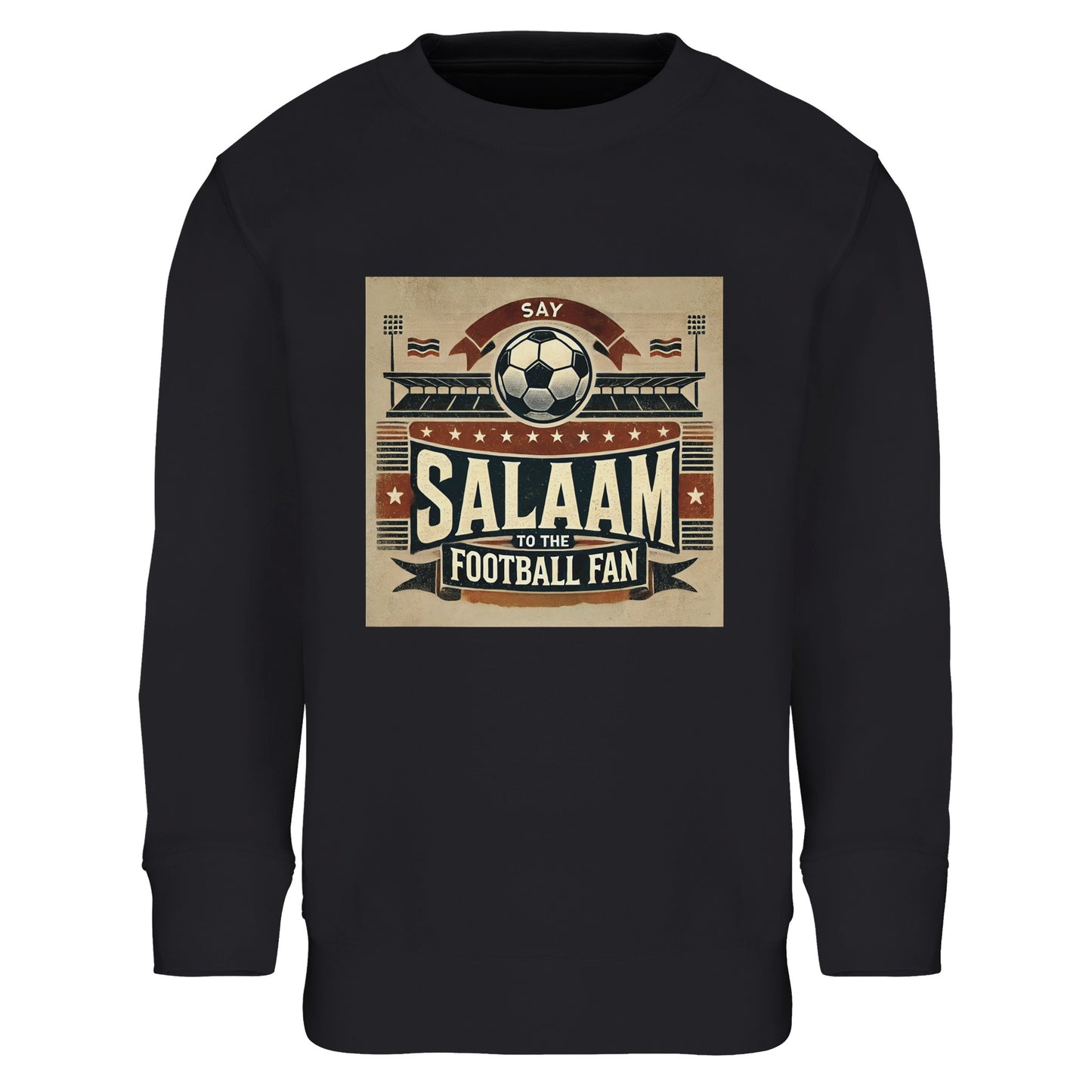 Say Salaam to the Football Fan Design #11 Part-Recycled Cotton-Poly Kids Sweatshirt – Black / Jet featuring bold vintage matchday art in tan and red with stadium banners, flags, and ‘Salaam’ print. A long sleeve fan jumper for boys, girls, or unisex youth who follow football drama from Saudi League clashes to Premier League and Champions League thrillers. Graphic sweatshirt, modest streetwear, football tee for Muslim or non-Muslim supporters in love with the Beautiful Game, cheering Lyon, Ajax, PSG, etc.