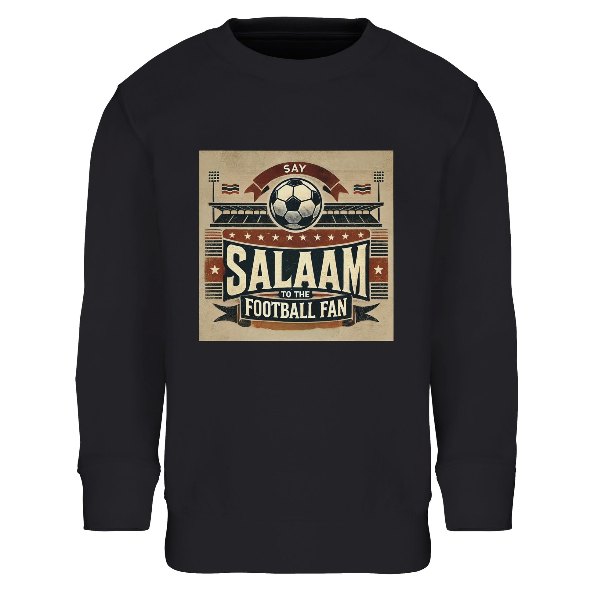 Say Salaam to the Football Fan Design #11 Part-Recycled Cotton-Poly Kids Sweatshirt – Black / Jet featuring bold vintage matchday art in tan and red with stadium banners, flags, and ‘Salaam’ print. A long sleeve fan jumper for boys, girls, or unisex youth who follow football drama from Saudi League clashes to Premier League and Champions League thrillers. Graphic sweatshirt, modest streetwear, football tee for Muslim or non-Muslim supporters in love with the Beautiful Game, cheering Lyon, Ajax, PSG, etc.
