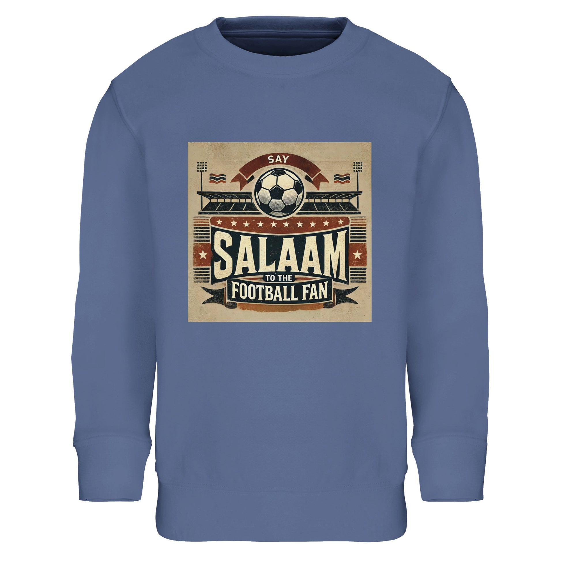 Say Salaam to the Football Fan Design #11 Part-Recycled Cotton-Poly Kids Sweatshirt – Blue / Waikawa Grey featuring bold matchday print in muted red, black, and tan with a stadium, flags, fans and ‘Salaam’. Hoodie alternative for young fans who watch football goals and stream UEFA nights, EPL weekends and Saudi League drama. Children’s football jumper, boys or girls sweatshirt, modest youth streetwear, pullover for halftimes and post-match celebrations, streaming or to find a “football academy near me”.