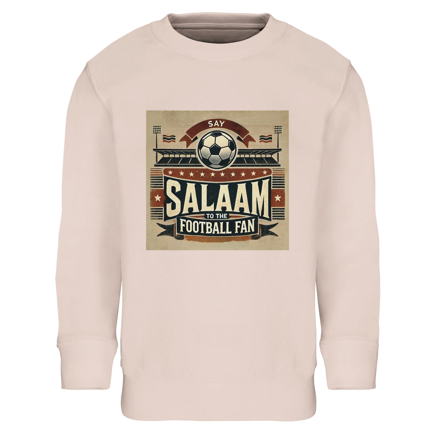 Say Salaam to the Football Fan Design #11 Part-Recycled Cotton-Poly Kids Sweatshirt – Creamy Pink / Oyster Pink featuring classic matchday artwork in tan, red and black with flags, a stadium and big ‘Salaam’ print. Soft-toned football sweatshirt for youngsters who track goals in the Champions League, weekend games in the EPL, or Saudi Pro League transfers. Modest streetwear pullover for girls, boys, or unisex – a sporty graphic top made for little football fans of all kinds in the stadium or streaming.