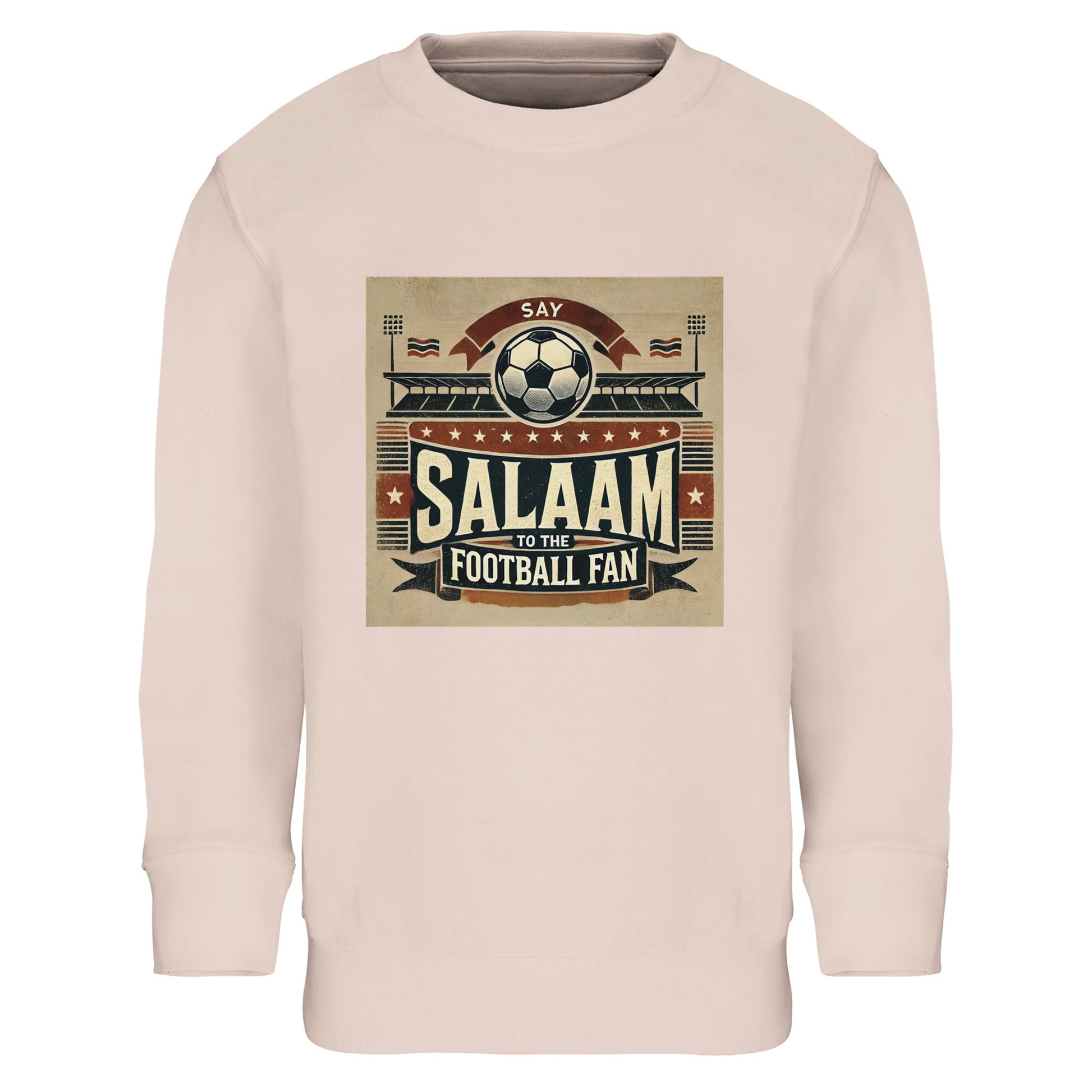 Say Salaam to the Football Fan Design #11 Part-Recycled Cotton-Poly Kids Sweatshirt – Creamy Pink / Oyster Pink featuring classic matchday artwork in tan, red and black with flags, a stadium and big ‘Salaam’ print. Soft-toned football sweatshirt for youngsters who track goals in the Champions League, weekend games in the EPL, or Saudi Pro League transfers. Modest streetwear pullover for girls, boys, or unisex – a sporty graphic top made for little football fans of all kinds in the stadium or streaming.