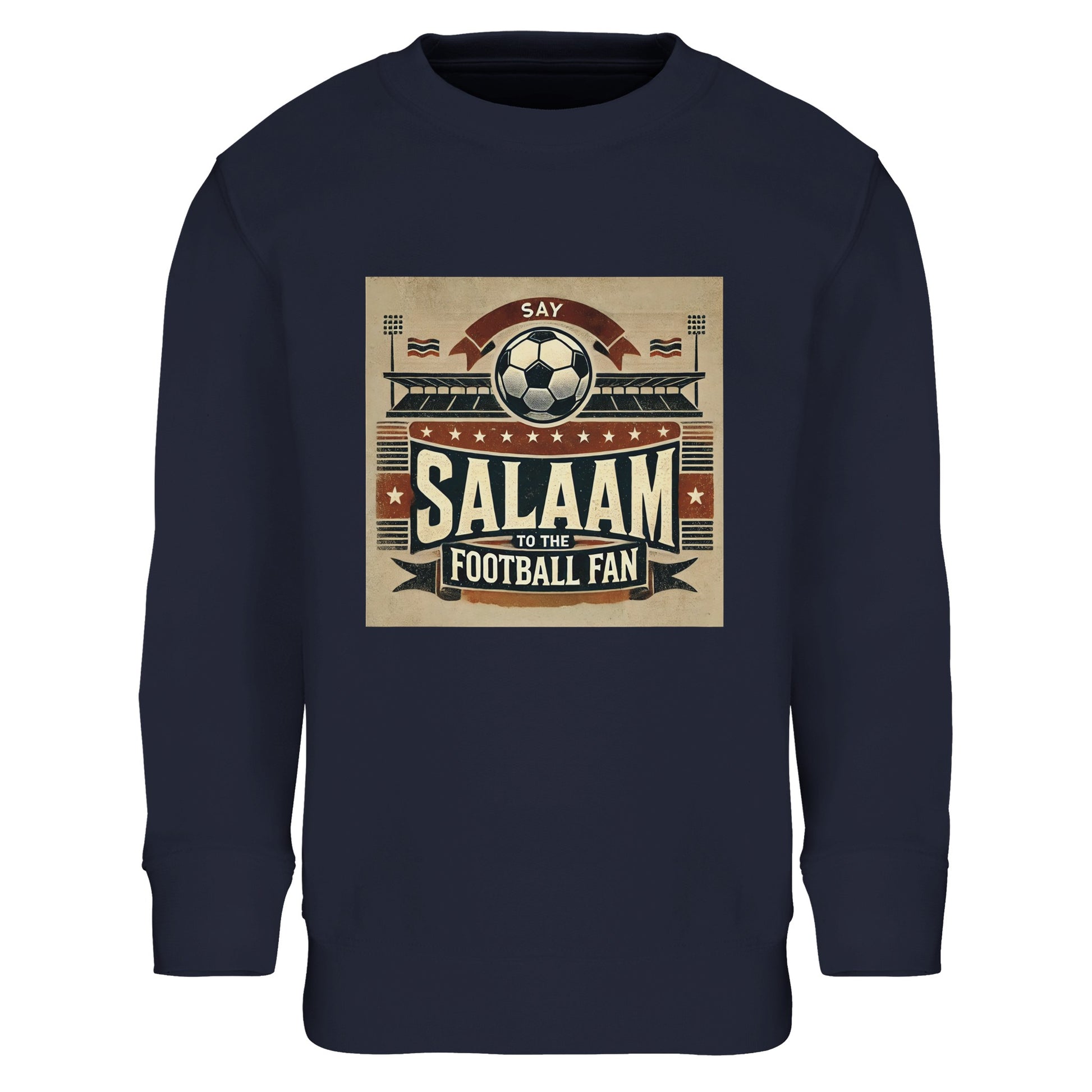 Say Salaam to the Football Fan Design #11 Part-Recycled Cotton-Poly Kids Sweatshirt – French Navy / Ebony Clay featuring vintage matchday design in tan, red and black with fans, a stadium, flags and the word ‘Salaam’. A modest sweatshirt for youth supporters who love the Champions League, Premier League and Saudi Pro League. Graphic long sleeve pullover, football top for children streaming games and spotting kits – boys, girls, and unisex fans of women’s football, men’s football and 5-a-side tournaments.