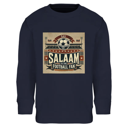 Say Salaam to the Football Fan Design #11 Part-Recycled Cotton-Poly Kids Sweatshirt – French Navy / Ebony Clay featuring vintage matchday design in tan, red and black with fans, a stadium, flags and the word ‘Salaam’. A modest sweatshirt for youth supporters who love the Champions League, Premier League and Saudi Pro League. Graphic long sleeve pullover, football top for children streaming games and spotting kits – boys, girls, and unisex fans of women’s football, men’s football and 5-a-side tournaments.