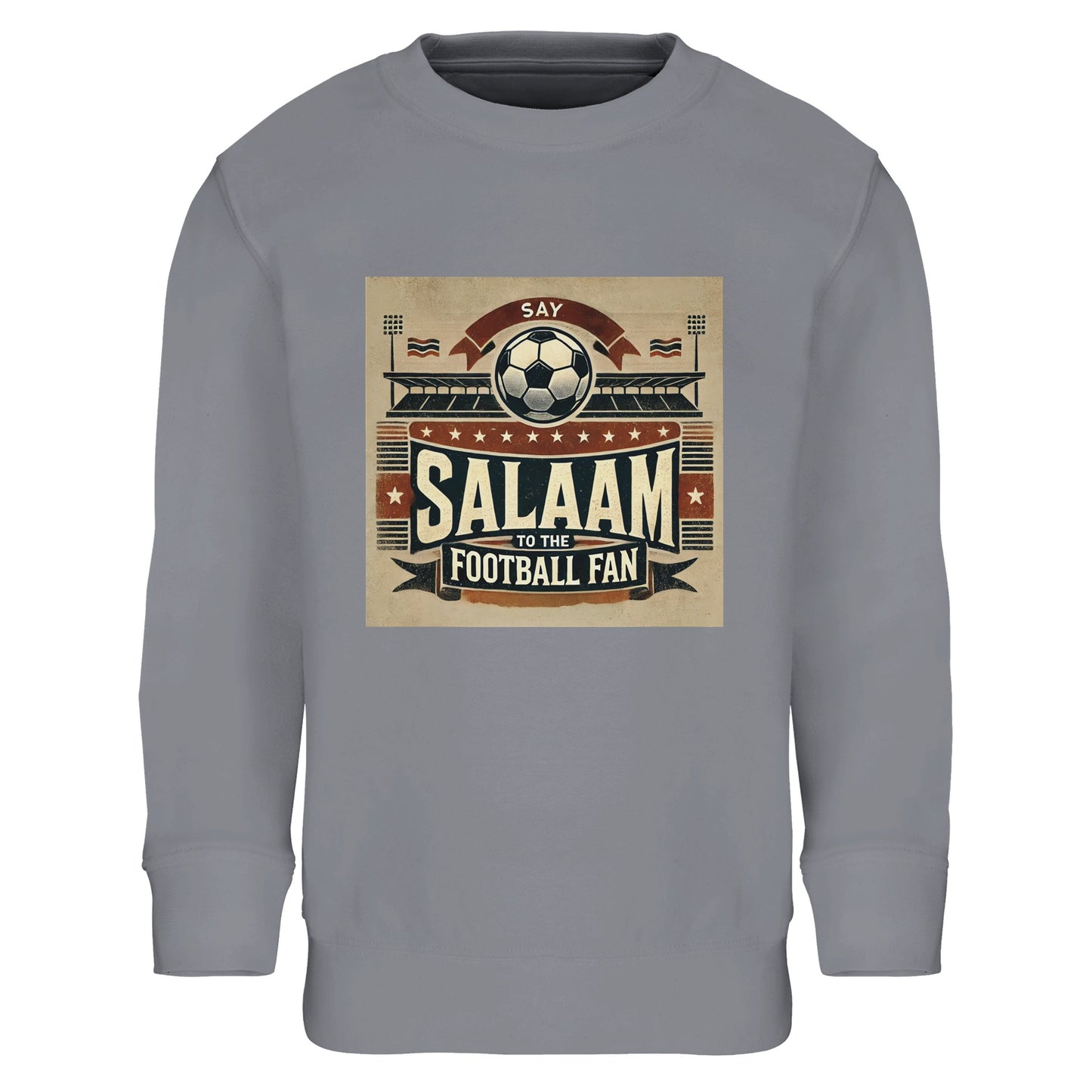 Say Salaam to the Football Fan Design #11 Part-Recycled Cotton-Poly Kids Sweatshirt – Grey Melange / Classic Athletic Grey featuring matchday crowd art in tan, red and black with stadium, flags and ‘Salaam’ across the chest. Graphic pullover sweatshirt for young fans of football history, VAR debates and kit obsessions – whether it’s Premier League, UCL or Saudi League. Boys’ or girls’ long sleeve fan top, children’s streetwear, modest sportswear to stream the match and watch Ronaldo, Messi and Mbappe, etc.