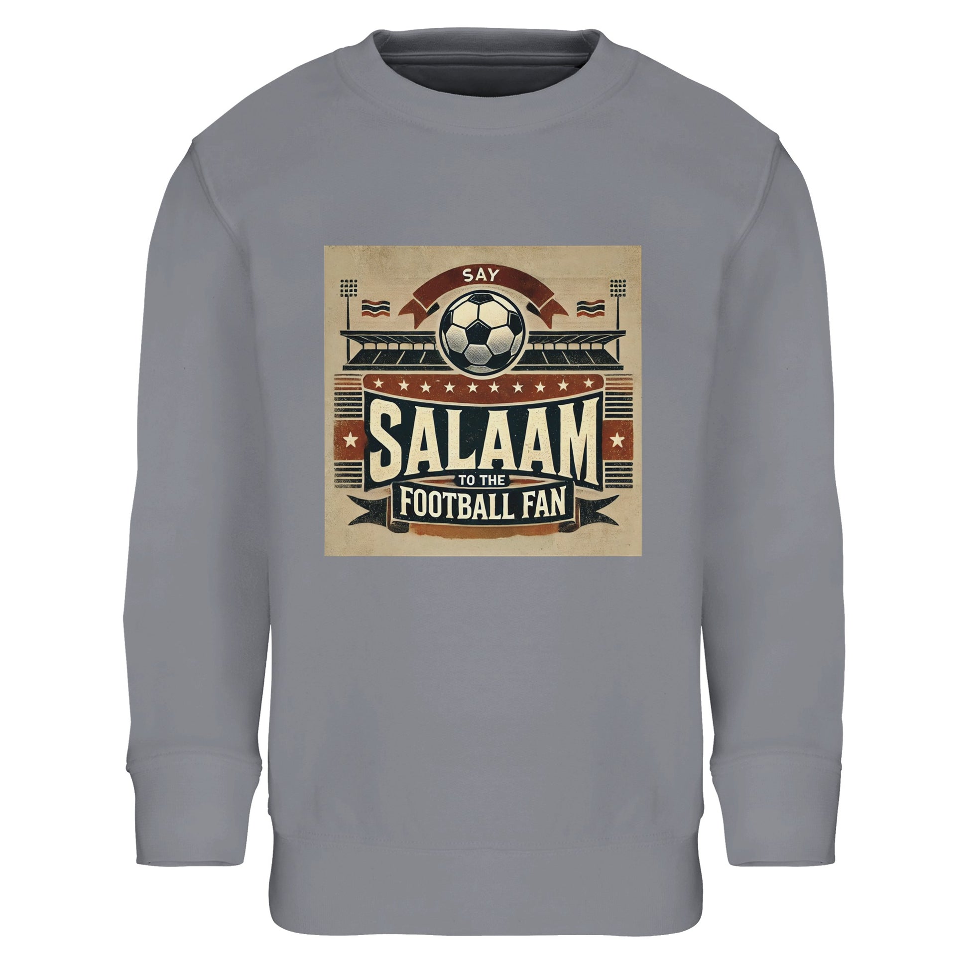 Say Salaam to the Football Fan Design #11 Part-Recycled Cotton-Poly Kids Sweatshirt – Grey Melange / Classic Athletic Grey featuring matchday crowd art in tan, red and black with stadium, flags and ‘Salaam’ across the chest. Graphic pullover sweatshirt for young fans of football history, VAR debates and kit obsessions – whether it’s Premier League, UCL or Saudi League. Boys’ or girls’ long sleeve fan top, children’s streetwear, modest sportswear to stream the match and watch Ronaldo, Messi and Mbappe, etc.
