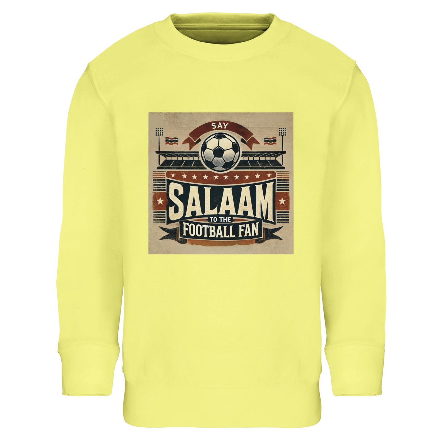Say Salaam to the Football Fan Design #11 Part-Recycled Cotton-Poly Kids Sweatshirt – Light Yellow / Lemon Cream featuring retro football artwork in tan, red and black with flags, crowd scenes and ‘Salaam’. A warm-tone basic pullover jumper for young fans of goals, group stages and football shirts – whether they stream Champions League, follow Premier League drama or dream of Saudi League stardom. Long sleeve essentials modest sportswear for children, graphic top for matchday young supporters of clubs.