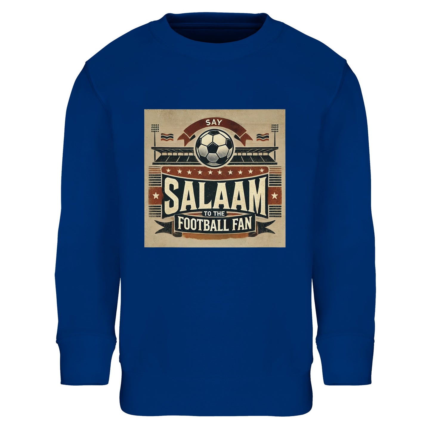 Say Salaam to the Football Fan Design #11 Part-Recycled Cotton-Poly Kids Sweatshirt – Royal Blue / Dark Midnight featuring retro football art in black, red and tan with flags, fans, stadium and bold ‘Salaam’. A youth basic graphic pullover for true supporters who follow Premier League, UCL, La Liga, Ligue 1, Bundesliga, Qatar Stars League or Saudi Pro League action. Boys’ sweatshirt, girls’ jumper, or unisex long sleeve top for modest fashion football fanatics who love kits, goals, chants and controversy.