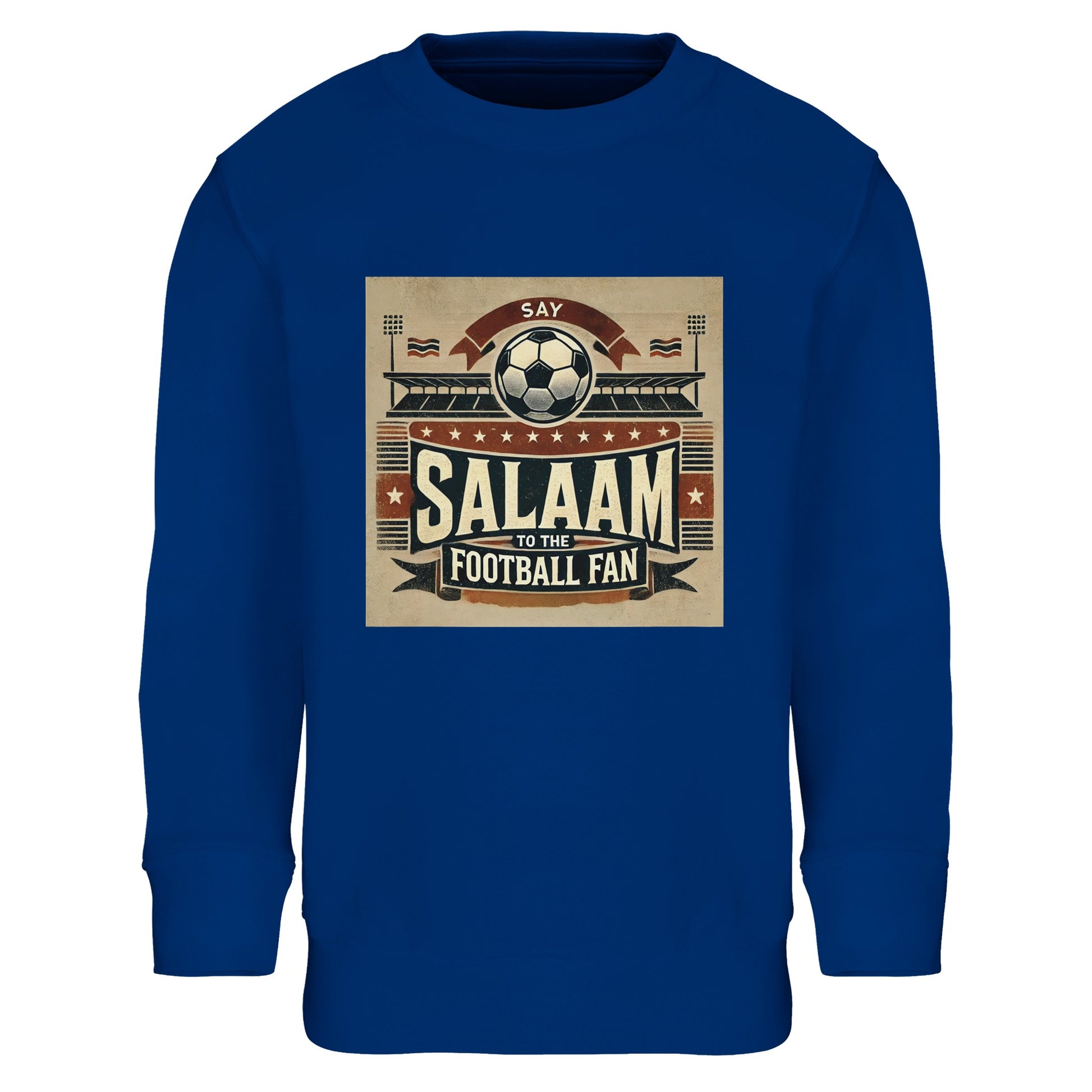 Say Salaam to the Football Fan Design #11 Part-Recycled Cotton-Poly Kids Sweatshirt – Royal Blue / Dark Midnight featuring retro football art in black, red and tan with flags, fans, stadium and bold ‘Salaam’. A youth basic graphic pullover for true supporters who follow Premier League, UCL, La Liga, Ligue 1, Bundesliga, Qatar Stars League or Saudi Pro League action. Boys’ sweatshirt, girls’ jumper, or unisex long sleeve top for modest fashion football fanatics who love kits, goals, chants and controversy.
