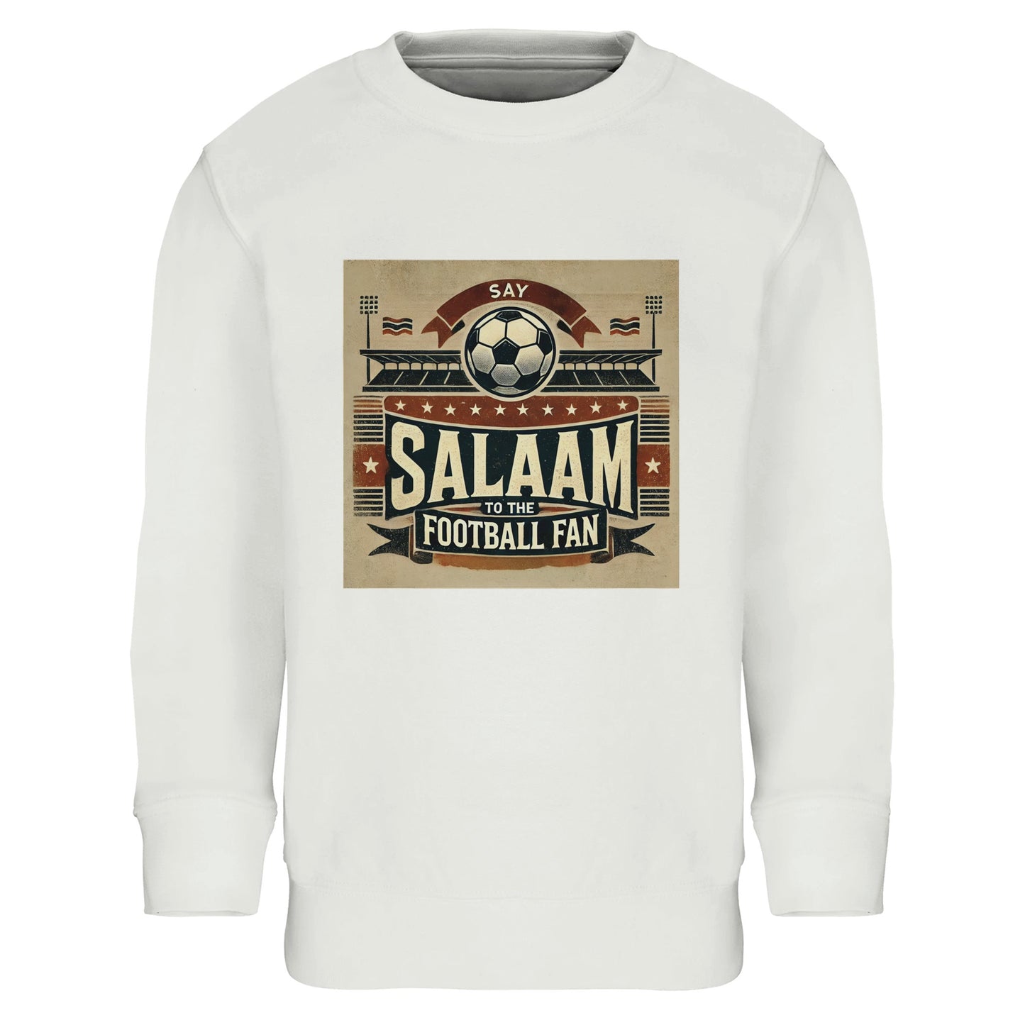 Say Salaam to the Football Fan Design #11 Part-Recycled Cotton-Poly Kids Sweatshirt – White / Platinum featuring retro matchday-style artwork in tan, black, and red with flags, fans, a stadium and ‘Salaam’ lettering. A football jumper for youngsters who stream Premier League and Champions League, know every VAR call and Saudi League result. Graphic pullover, modest sportswear, youth fan fashion for future strikers, defenders and diehard supporters. Long sleeve tee for boys, girls, or unisex.