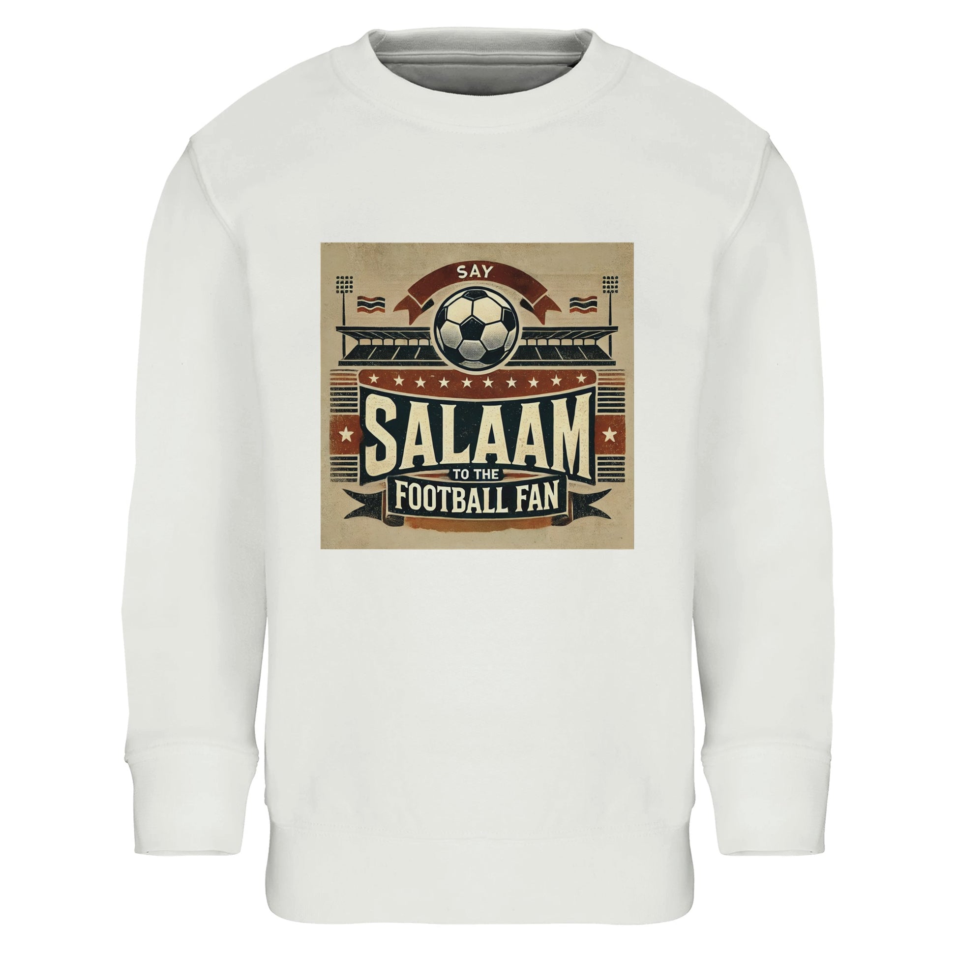 Say Salaam to the Football Fan Design #11 Part-Recycled Cotton-Poly Kids Sweatshirt – White / Platinum featuring retro matchday-style artwork in tan, black, and red with flags, fans, a stadium and ‘Salaam’ lettering. A football jumper for youngsters who stream Premier League and Champions League, know every VAR call and Saudi League result. Graphic pullover, modest sportswear, youth fan fashion for future strikers, defenders and diehard supporters. Long sleeve tee for boys, girls, or unisex.