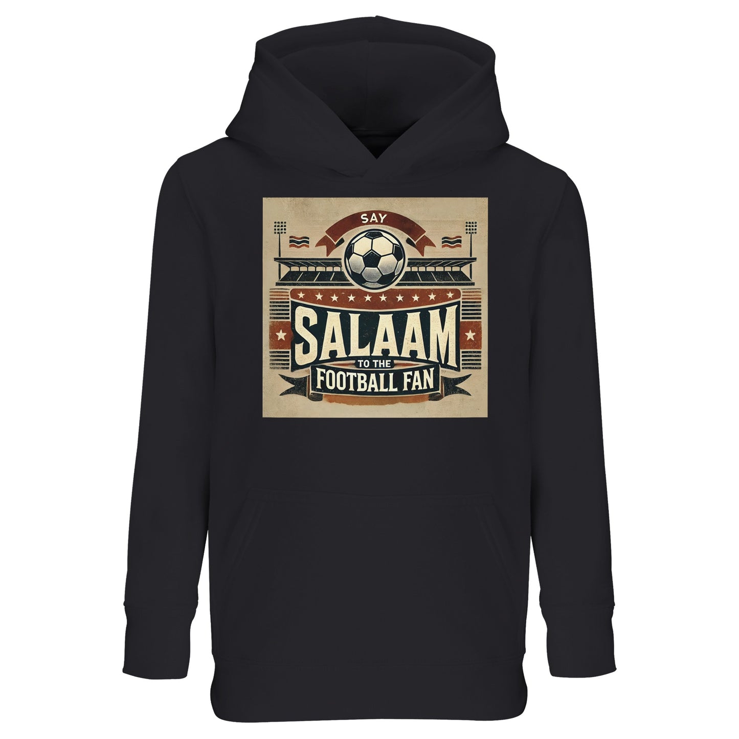 Say Salaam to the Football Fan Design #11 Part-Recycled Cotton-Poly Kids Hoodie – Black / Jet featuring vintage stadium print in tan, red and black with crowd, matchball, flags and ‘Salaam’ across the chest. A children's pullover for little fans who follow Champions League drama, VAR debates and Saudi League icons such as Ronaldo. Boys hoodie, girls long sleeve, modest youth fashion, football streetwear for streaming games, collecting kits and celebrating goals of teams like Lille, Nice, Inter and Porto.