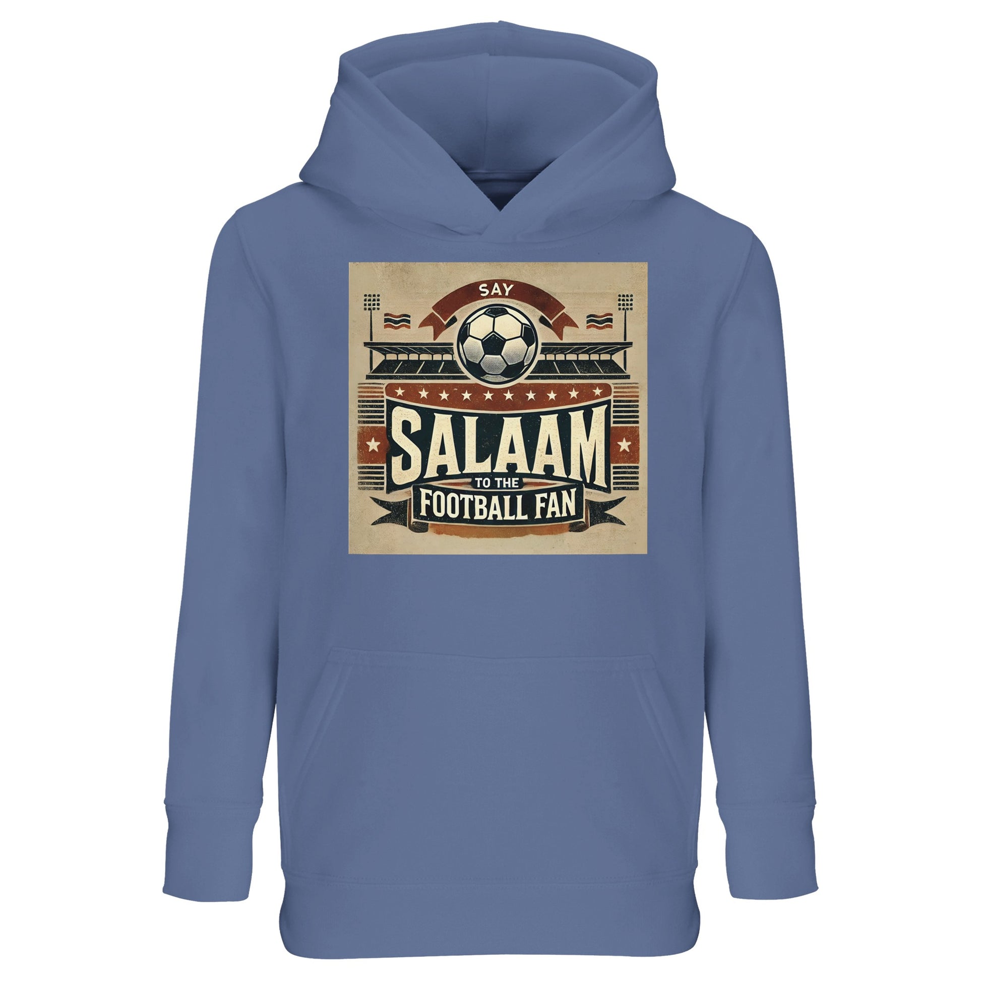 Say Salaam to the Football Fan Design #11 Part-Recycled Cotton-Poly Kids Hoodie – Blue / Waikawa Grey featuring football fan artwork in tan, black and red with flags, a matchball and ‘Salaam’. Hoodie for children who love Saudi League goals, Premier League kits, VAR controversies or UCL final drama. Pullover jumper with hood for boys, girls or unisex youth who follow Inter, Roma, Al-Nassr or Feyenoord. Muslim-friendly long sleeve modest streetwear or sporty top for streamers and future football greats.