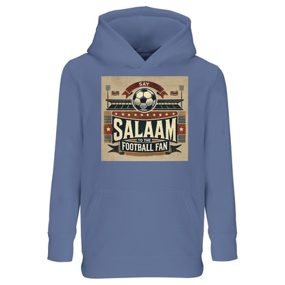 Say Salaam to the Football Fan Design #11 Part-Recycled Cotton-Poly Kids Hoodie – Blue / Waikawa Grey featuring football fan artwork in tan, black and red with flags, a matchball and ‘Salaam’. Hoodie for children who love Saudi League goals, Premier League kits, VAR controversies or UCL final drama. Pullover jumper with hood for boys, girls or unisex youth who follow Inter, Roma, Al-Nassr or Feyenoord. Muslim-friendly long sleeve modest streetwear or sporty top for streamers and future football greats.