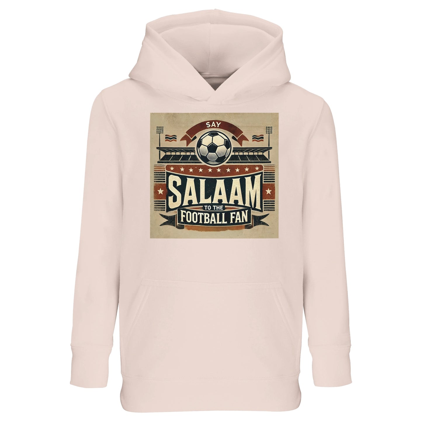 Say Salaam to the Football Fan Design #11 Part-Recycled Cotton-Poly Kids Hoodie – Creamy Pink / Oyster Pink featuring matchday art in tan, black and red with flags, fans and ‘Salaam’ graphic. A long sleeve hoodie for modest girl football fans, boys, or unisex kids who love streaming matches, scoring in school games or following the Saudi League, EPL and UCL. Children’s pullover jumper with hood, graphic fanwear top made for tracking transfers or cheering favourite teams like Brazil, Portugal and Rangers.