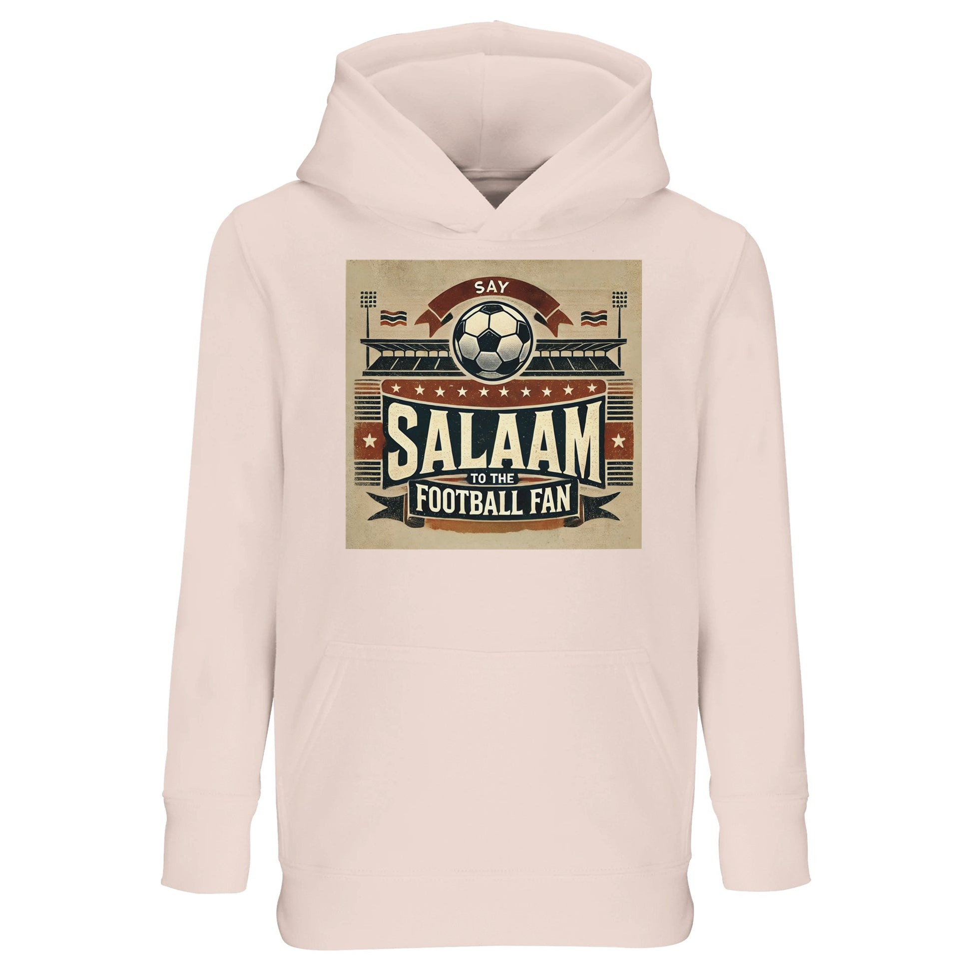 Say Salaam to the Football Fan Design #11 Part-Recycled Cotton-Poly Kids Hoodie – Creamy Pink / Oyster Pink featuring matchday art in tan, black and red with flags, fans and ‘Salaam’ graphic. A long sleeve hoodie for modest girl football fans, boys, or unisex kids who love streaming matches, scoring in school games or following the Saudi League, EPL and UCL. Children’s pullover jumper with hood, graphic fanwear top made for tracking transfers or cheering favourite teams like Brazil, Portugal and Rangers.