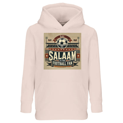 Say Salaam to the Football Fan Design #11 Part-Recycled Cotton-Poly Kids Hoodie – Creamy Pink / Oyster Pink featuring matchday art in tan, black and red with flags, fans and ‘Salaam’ graphic. A long sleeve hoodie for modest girl football fans, boys, or unisex kids who love streaming matches, scoring in school games or following the Saudi League, EPL and UCL. Children’s pullover jumper with hood, graphic fanwear top made for tracking transfers or cheering favourite teams like Brazil, Portugal and Rangers.