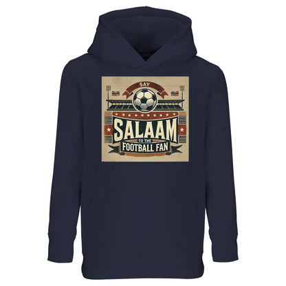Say Salaam to the Football Fan Design #11 Part-Recycled Cotton-Poly Kids Hoodie – French Navy / Ebony Clay with matchday graphic art in tan, black and red featuring flags, fans and a matchball. Long sleeve hoodie for kids into big UCL nights, Premier League goals or checking the Saudi League table after class. A children’s football jumper for girls, boys or unisex fans of teams like Ajax, Bayern, Inter or Al-Hilal. Modest Muslim-friendly pullover streetwear for watching, streaming or dreaming of scoring.