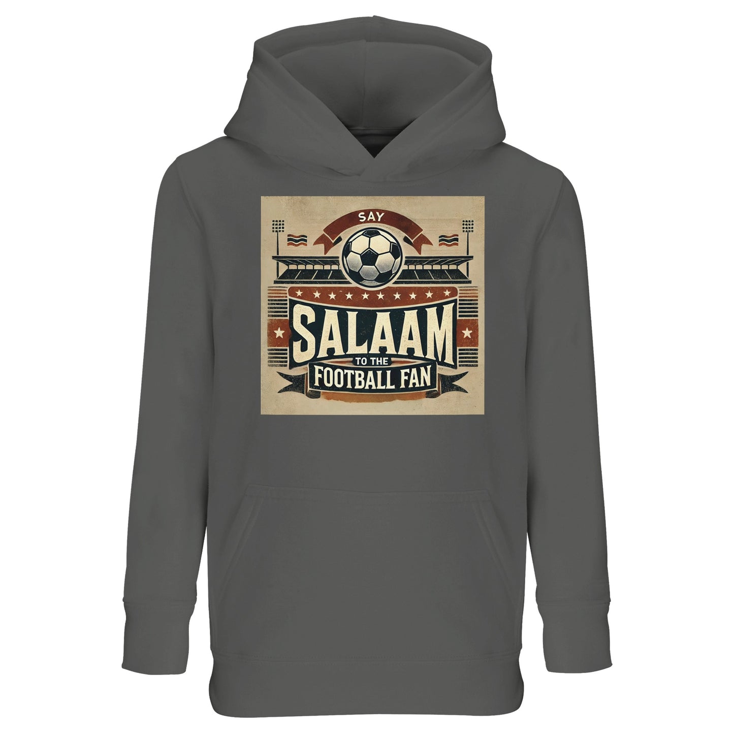 Say Salaam to the Football Fan Design #11 Part-Recycled Cotton-Poly Kids Hoodie – Grey Melange / Classic Athletic Grey featuring football stadium art in tan, black and red with flags and fans. Graphic hooded top for youth obsessed with weekend EPL matches, UCL screamers, or Saudi League highlights. Boys hoodie, girls pullover or unisex modest top for children who track goals from AC Milan and Napoli. Football fan sweatshirt with hood made for streamers, kit collectors and post-match pundits on BBC's MOTD.
