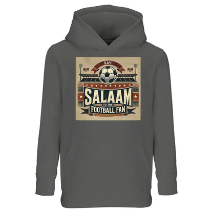 Say Salaam to the Football Fan Design #11 Part-Recycled Cotton-Poly Kids Hoodie – Grey Melange / Classic Athletic Grey featuring football stadium art in tan, black and red with flags and fans. Graphic hooded top for youth obsessed with weekend EPL matches, UCL screamers, or Saudi League highlights. Boys hoodie, girls pullover or unisex modest top for children who track goals from AC Milan and Napoli. Football fan sweatshirt with hood made for streamers, kit collectors and post-match pundits on BBC's MOTD.